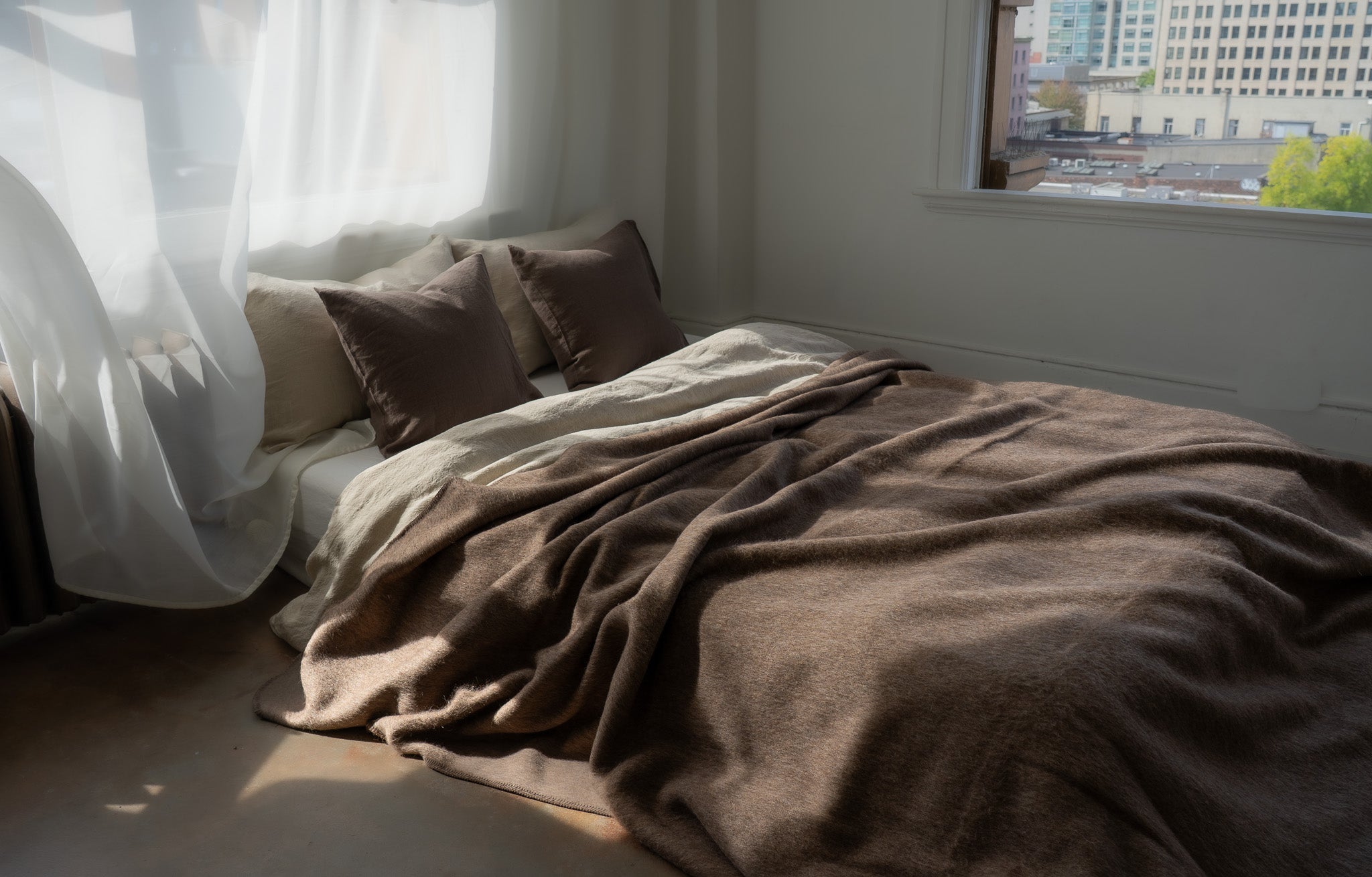 Bed with brown bedding in a room with large windows