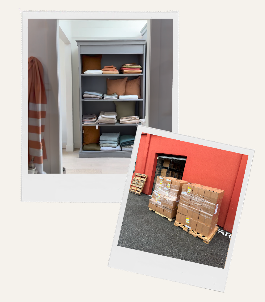 Two polaroid-style images: one of a storage room with shelves and boxes, the other of stacked boxes against a red wall.