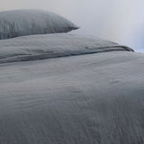 A close-up of a bed dressed in textured gray bedding, including a gray duvet cover and a matching gray pillow against a plain light background. #color_ocean-teal 