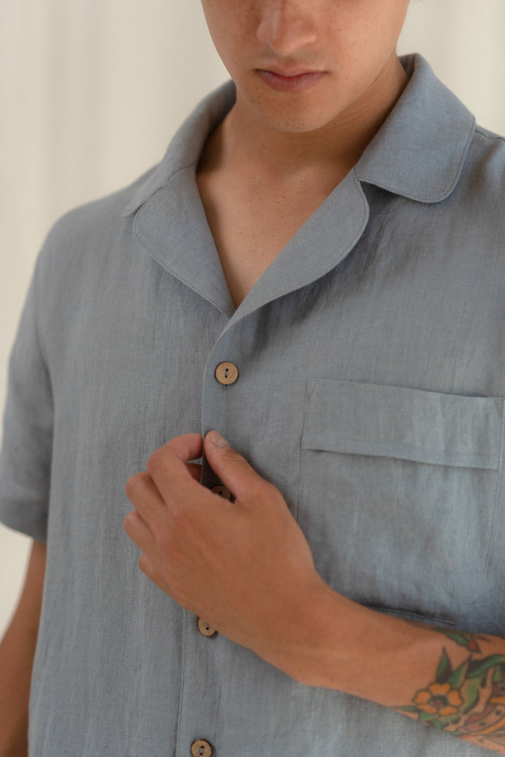 Sömn Premium Linen Short-Sleeve Shirt | Sömn Home #color_lake_blue
