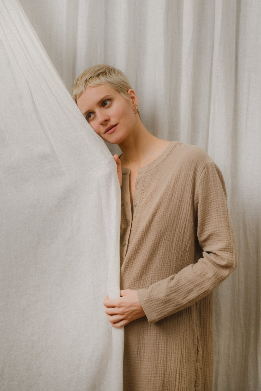 Sömn Premium Organic Gauze Cotton Long Nightshirt | Loungewear Sömn Home #color_chai