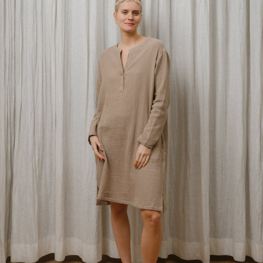 Sömn Premium Organic Gauze Cotton Long Nightshirt | Loungewear Sömn Home #color_chai